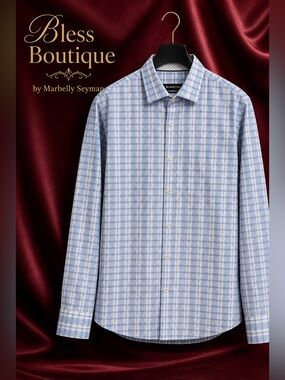 Bugatchi Light Blue & White Checked Dress Shirt